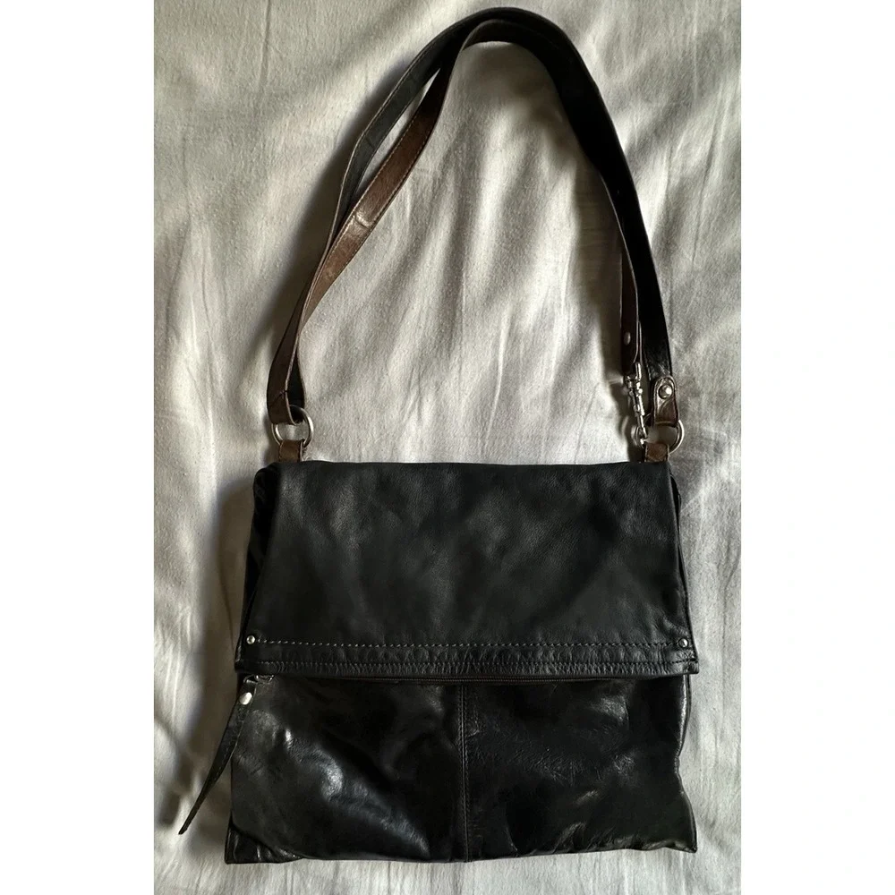 HOBO Slouchy Leather Fold Over Crossbody Purse Bag Black & Brown